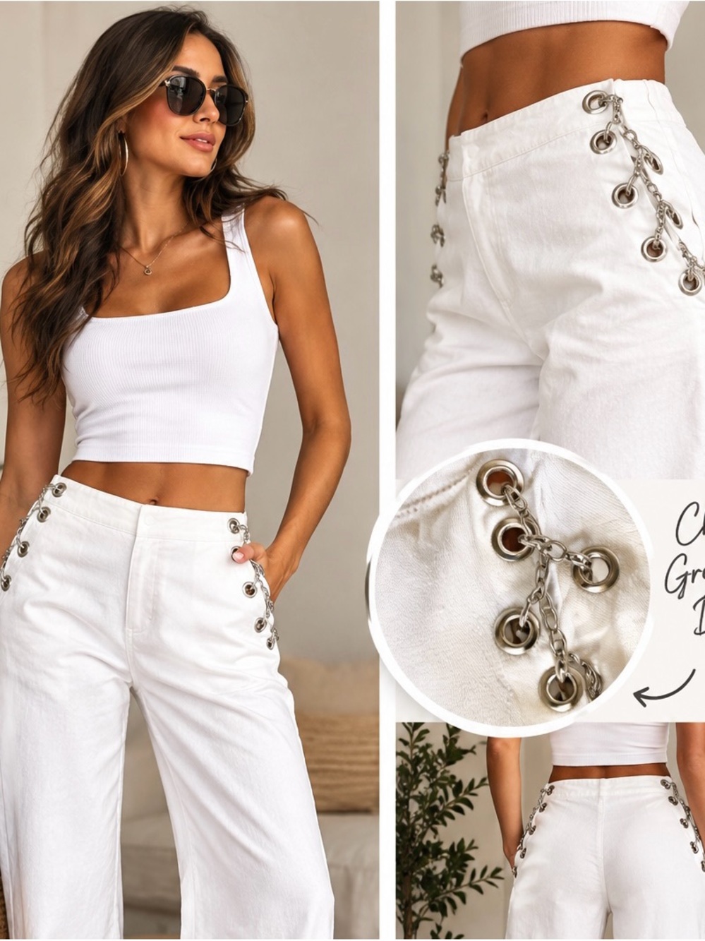 EB Denim Rock n Roll Y2K sexy chain grommet high rise jeans NEW white/ small